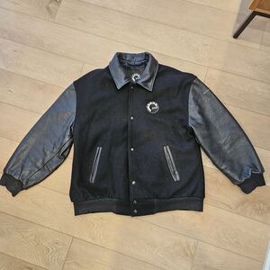 BRP Bombardier Motorcycle Leather Varsity Jacket Wool Quilted Size Medium Black